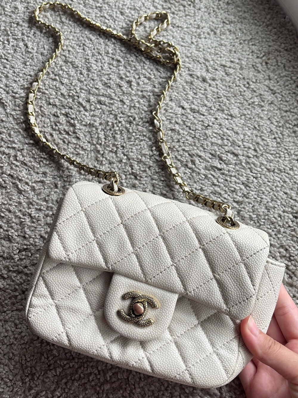 CHANEL Cream Quilted Caviar Leather Mini Crossbody with Gold Chain